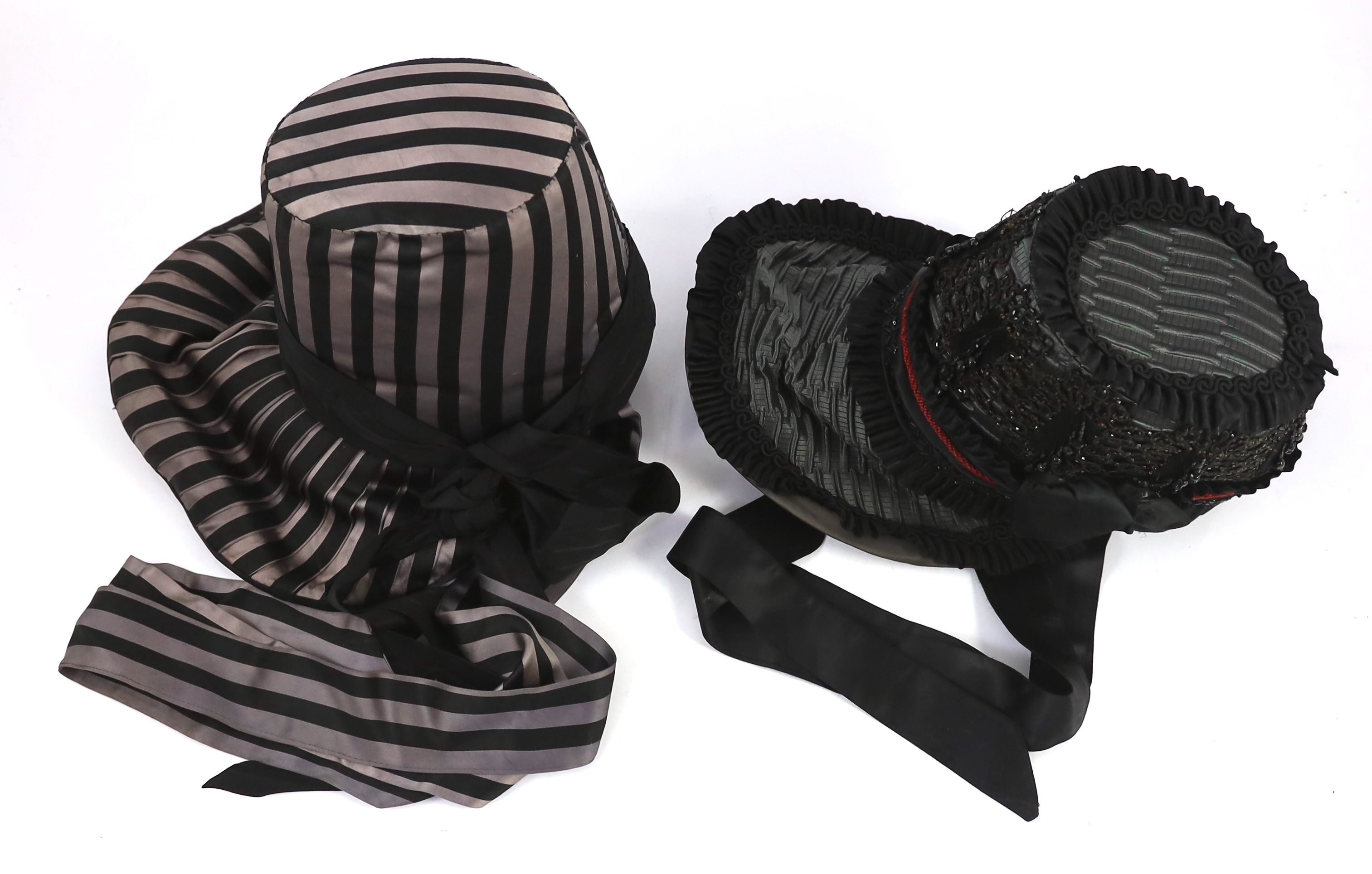 Two lady's Victorian style bonnets, silver and black striped and the other silver black with jet trim. Ex Royal Opera House 'The Damnation of Faust'